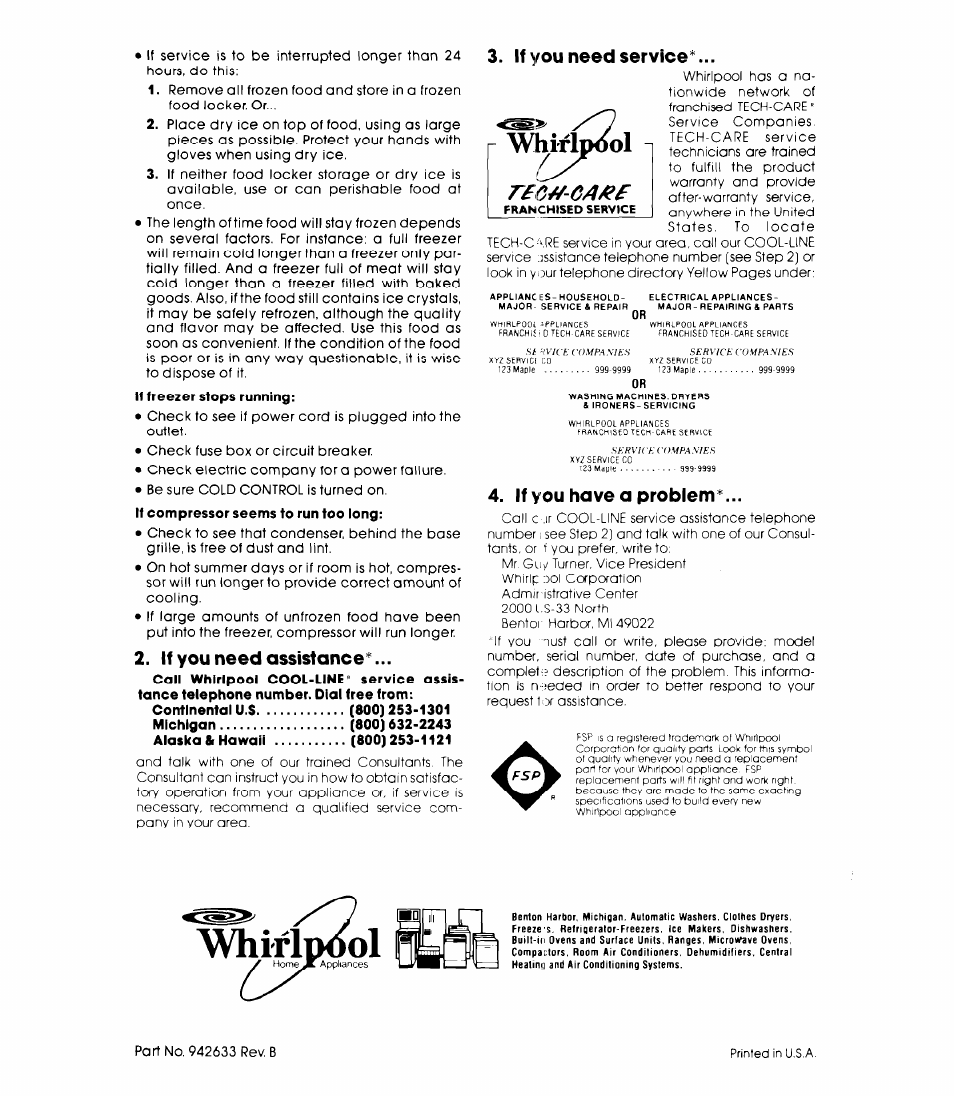 If you need assistance, If you need service, If you have a problem | Whitldool, Franchised service | Whirlpool EV150NXK User Manual | Page 8 / 8