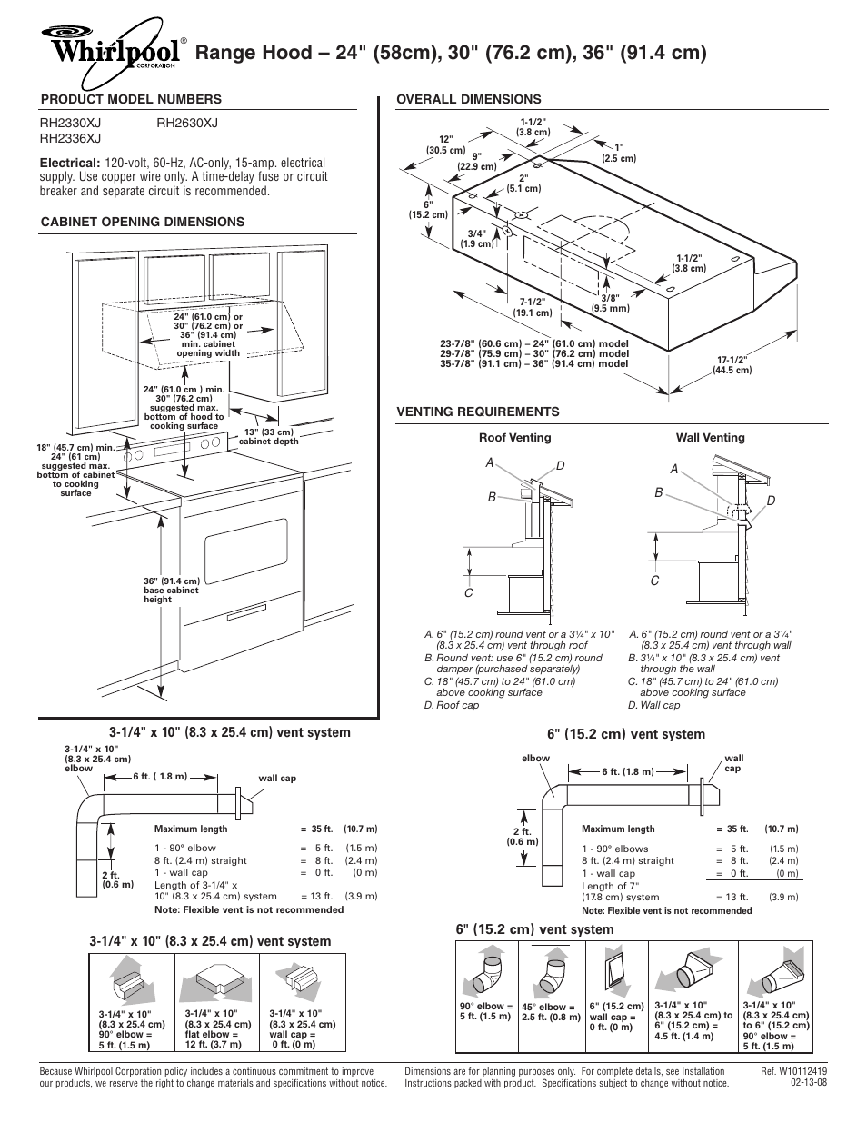 Whirlpool RH2336XJ User Manual | 1 page