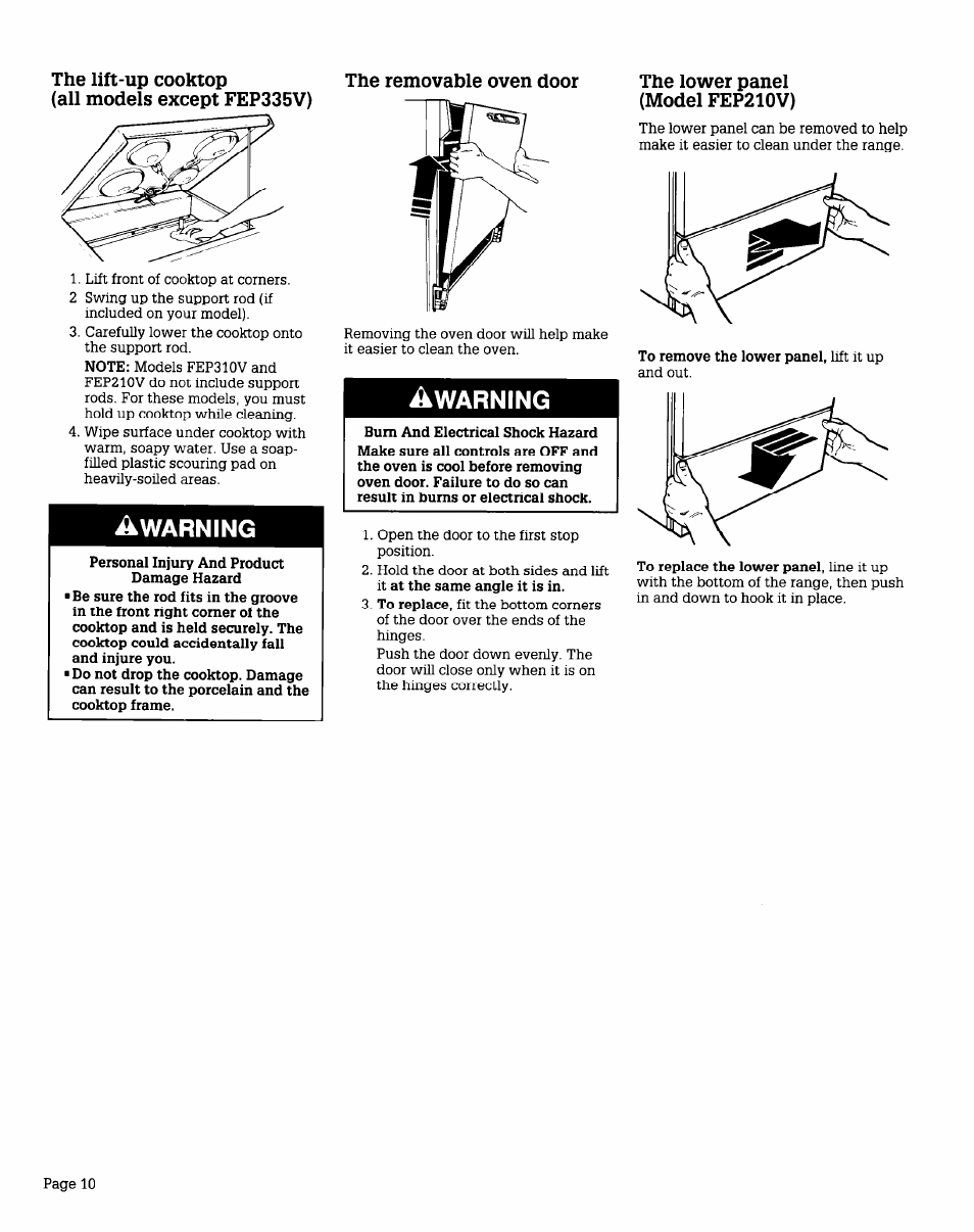 The lift-up cooktop, All models except fep335v), The removable oven door | Warning, Awarntng, The lower panel (model fep210v) | Whirlpool FEPZlOV User Manual | Page 10 / 16