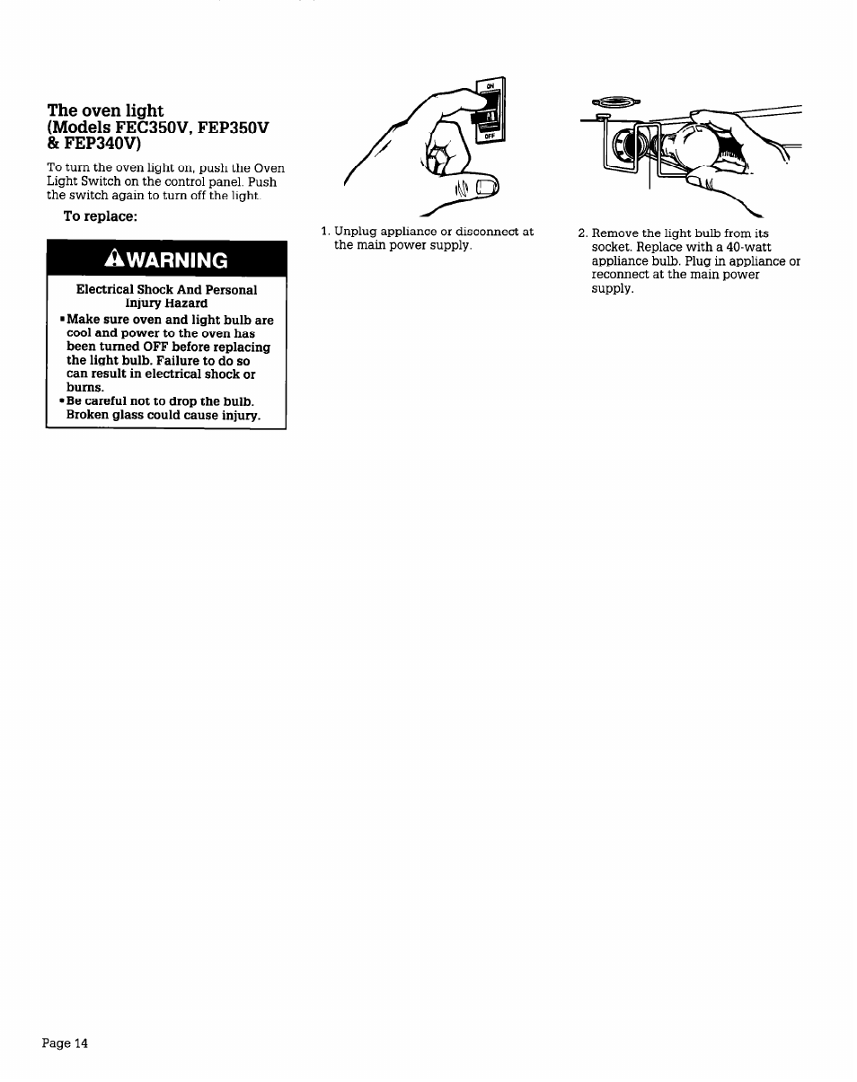 The oven light, Models fec350v, fep350v, Fep340v) | To replace, Warning | Whirlpool FEPZlOV User Manual | Page 14 / 16