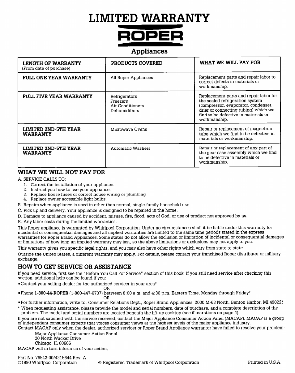 What we will not pay for, How to get service or assistance, Limited warranty | Appliances | Whirlpool FEPZlOV User Manual | Page 16 / 16