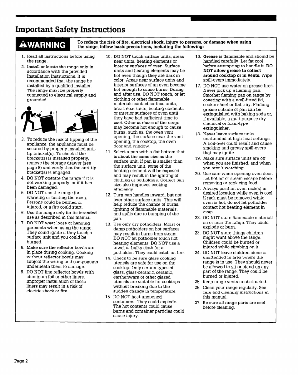 Important safety instructions, Warning | Whirlpool FEPZlOV User Manual | Page 2 / 16