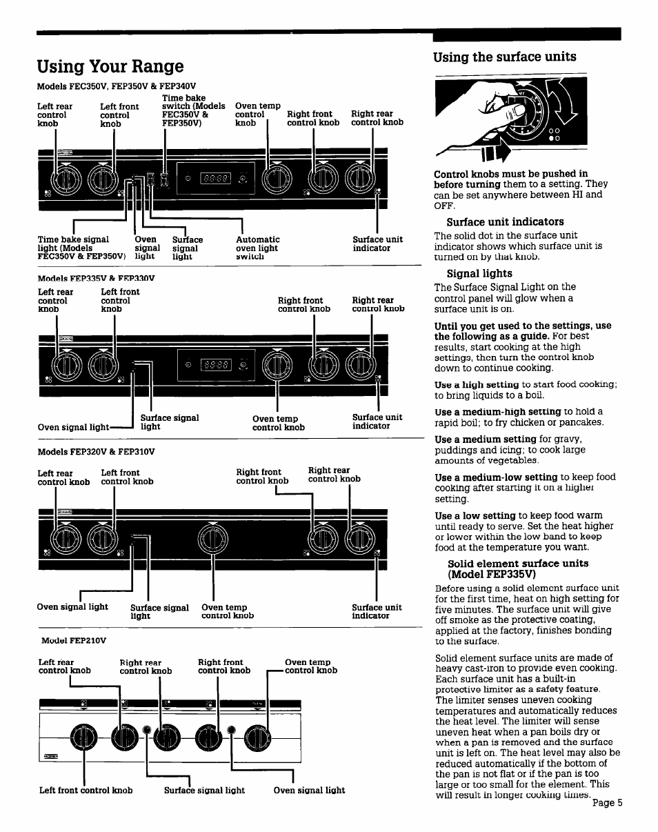 Using your range, Using the surface units, Surface unit indicators | Signal lights, Solid element surface units (model fep335v) | Whirlpool FEPZlOV User Manual | Page 5 / 16