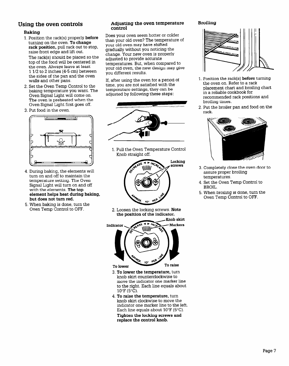 Using the oven controls, Baking, Adjusting the oven temperature control | Broiling | Whirlpool FEPZlOV User Manual | Page 7 / 16