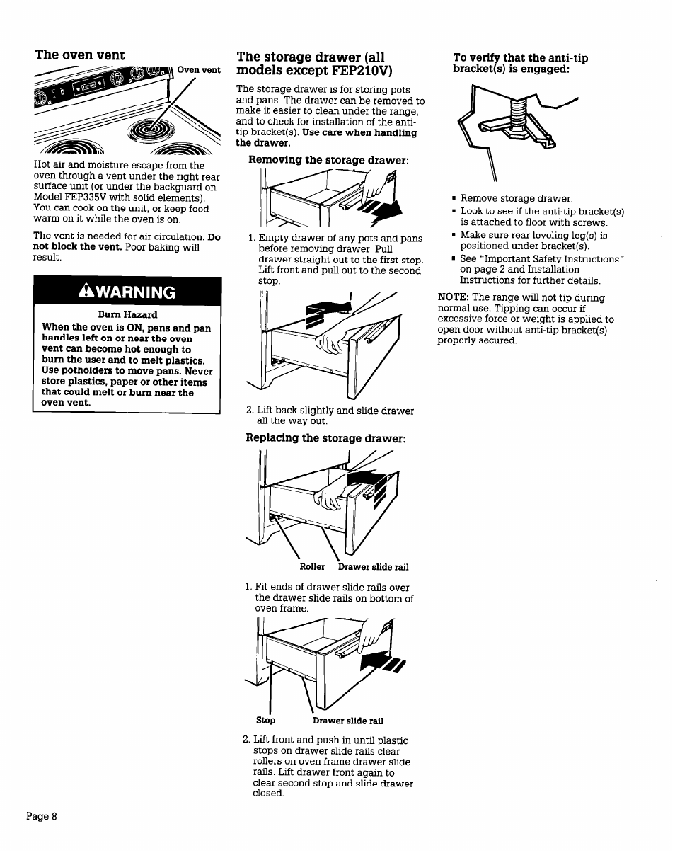 The oven vent, Warning, The storage drawer (all models except fep210v) | To verify that the anti-tip bracket(s) is engaged, Replacing the storage drawer | Whirlpool FEPZlOV User Manual | Page 8 / 16