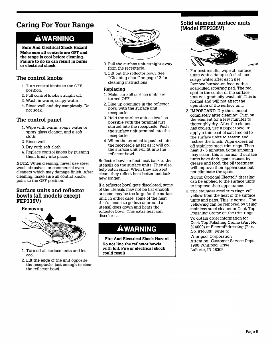 Caring for your range, A warning, The control knobs | The control panel, Removing, Solid element surface units (model fep335v), Replacing, Caring for your range a warning | Whirlpool FEPZlOV User Manual | Page 9 / 16