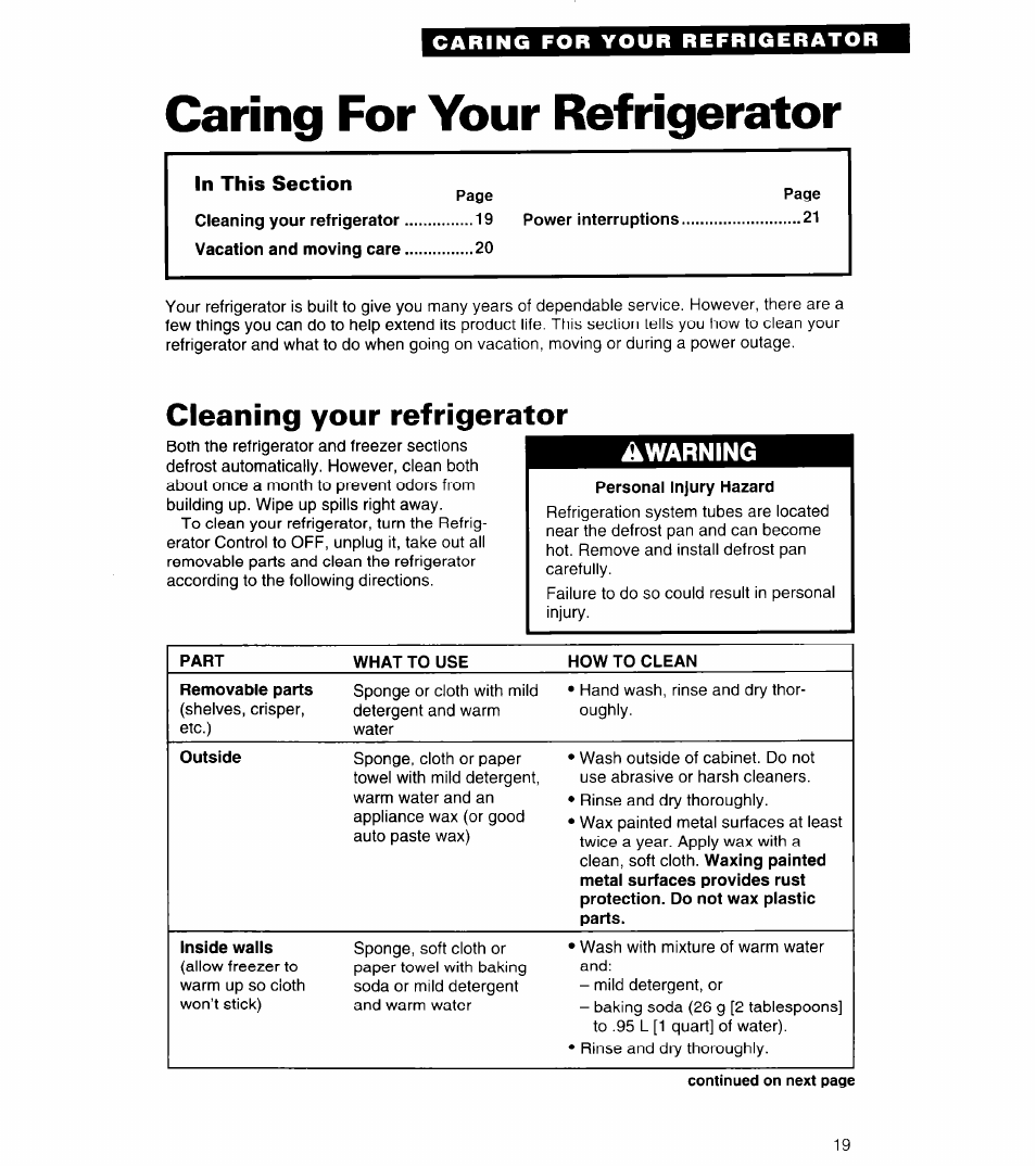 Caring for your refrigerator, Cleaning your refrigerator | Whirlpool 6ED22ZR User Manual | Page 19 / 26