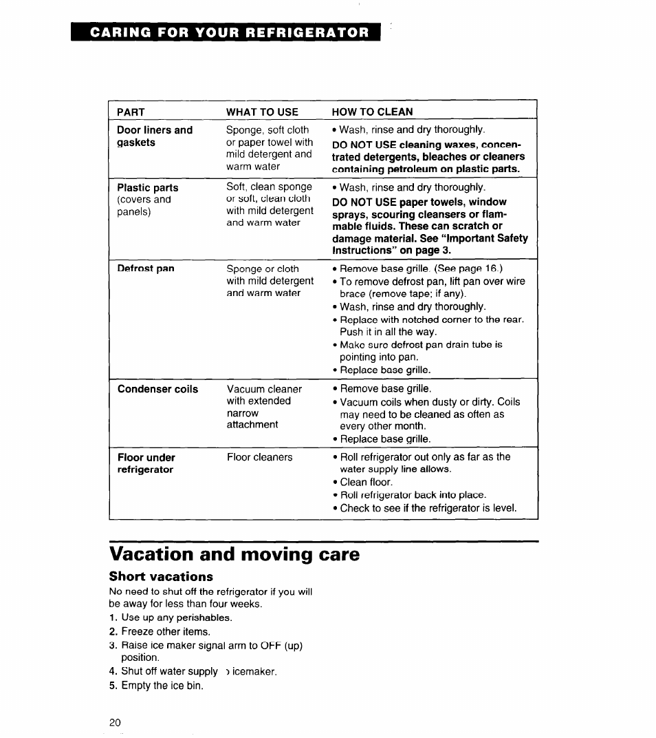 Vacation and moving care, Short vacations, Caring for your refrigerator | Whirlpool 6ED22ZR User Manual | Page 20 / 26