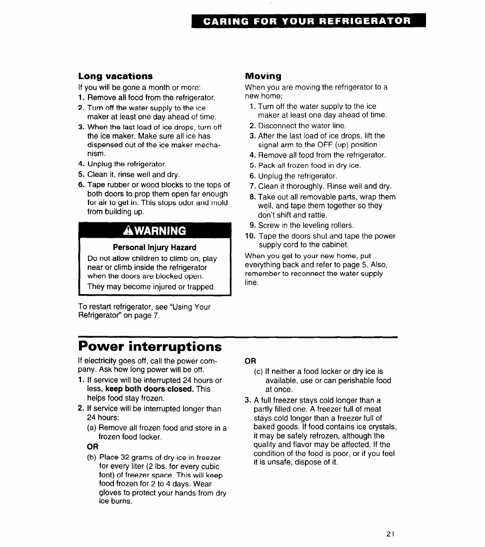 Long vacations, Moving, Power interruptions | Caring for your refrigerator | Whirlpool 6ED22ZR User Manual | Page 21 / 26