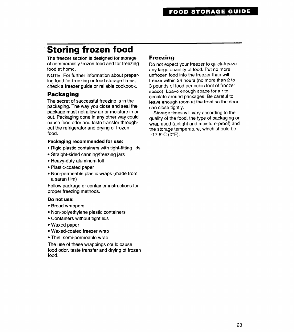 Storing frozen food, Packaging, Do not use | Freezing | Whirlpool 6ED22ZR User Manual | Page 23 / 26