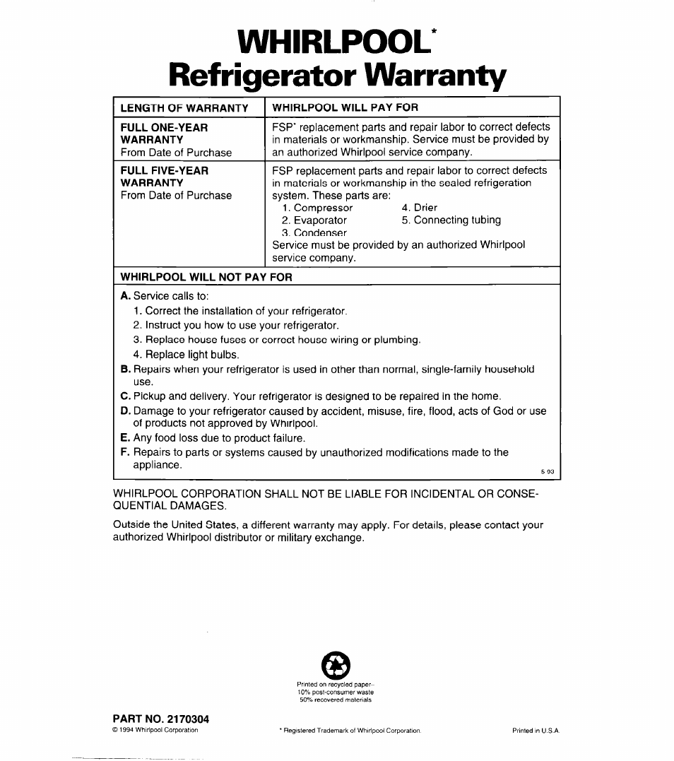 Whirlpool refrigerator warranty, Length of warranty, Whirlpool will pay for | Full one-year warranty, Full five-year warranty, Whirlpool will not pay for, Part no. 2170304 | Whirlpool 6ED22ZR User Manual | Page 26 / 26