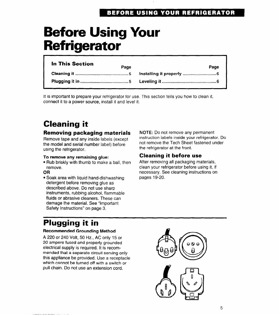 Before using your refrigerator, Cleaning it, Removing packaging materials | Cleaning it before use, Plugging it in | Whirlpool 6ED22ZR User Manual | Page 5 / 26