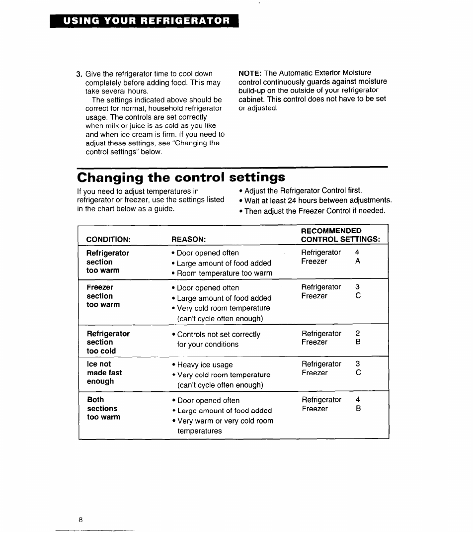 Changing the control settings, Using your refrigerator | Whirlpool 6ED22ZR User Manual | Page 8 / 26