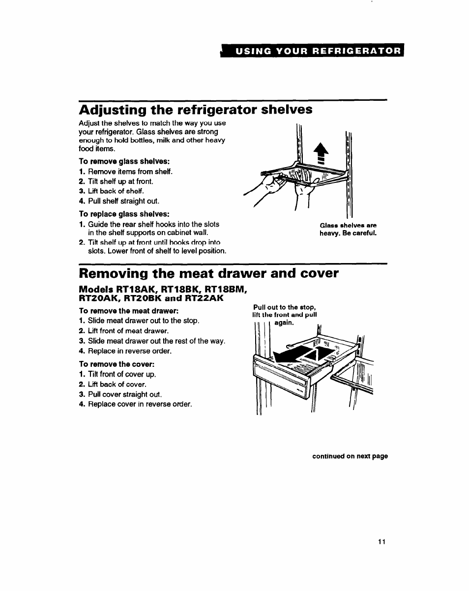 Adjusting the refrigerator shelves, Removing the meat drawer and cover, Models rt18ak, rt18bk, rt18bm | Rt20ak, rt20bk and rt22ak | Whirlpool RT18HD User Manual | Page 11 / 24