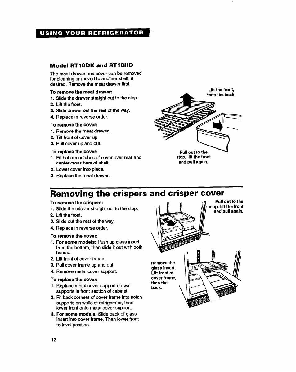 Model rt18dk and rt18hd, Removing the crispers and crisper cover | Whirlpool RT18HD User Manual | Page 12 / 24