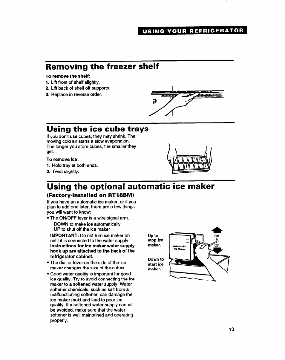 Removing the freezer shelf, Using the ice cube trays, Using the optional automatic ice maker | Factory-installed on rt18bm) | Whirlpool RT18HD User Manual | Page 13 / 24