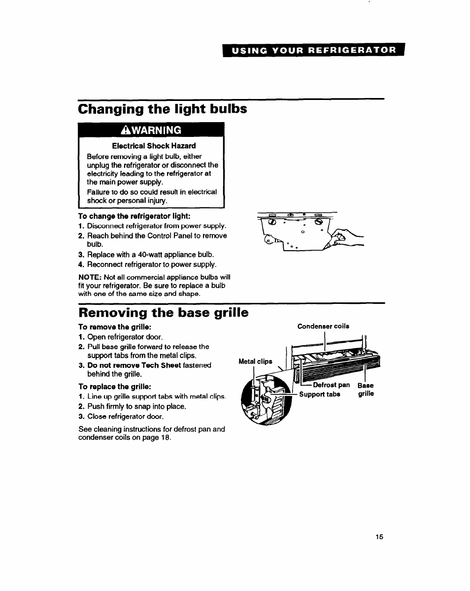 Changing the light bulbs, Removing the base grille | Whirlpool RT18HD User Manual | Page 15 / 24