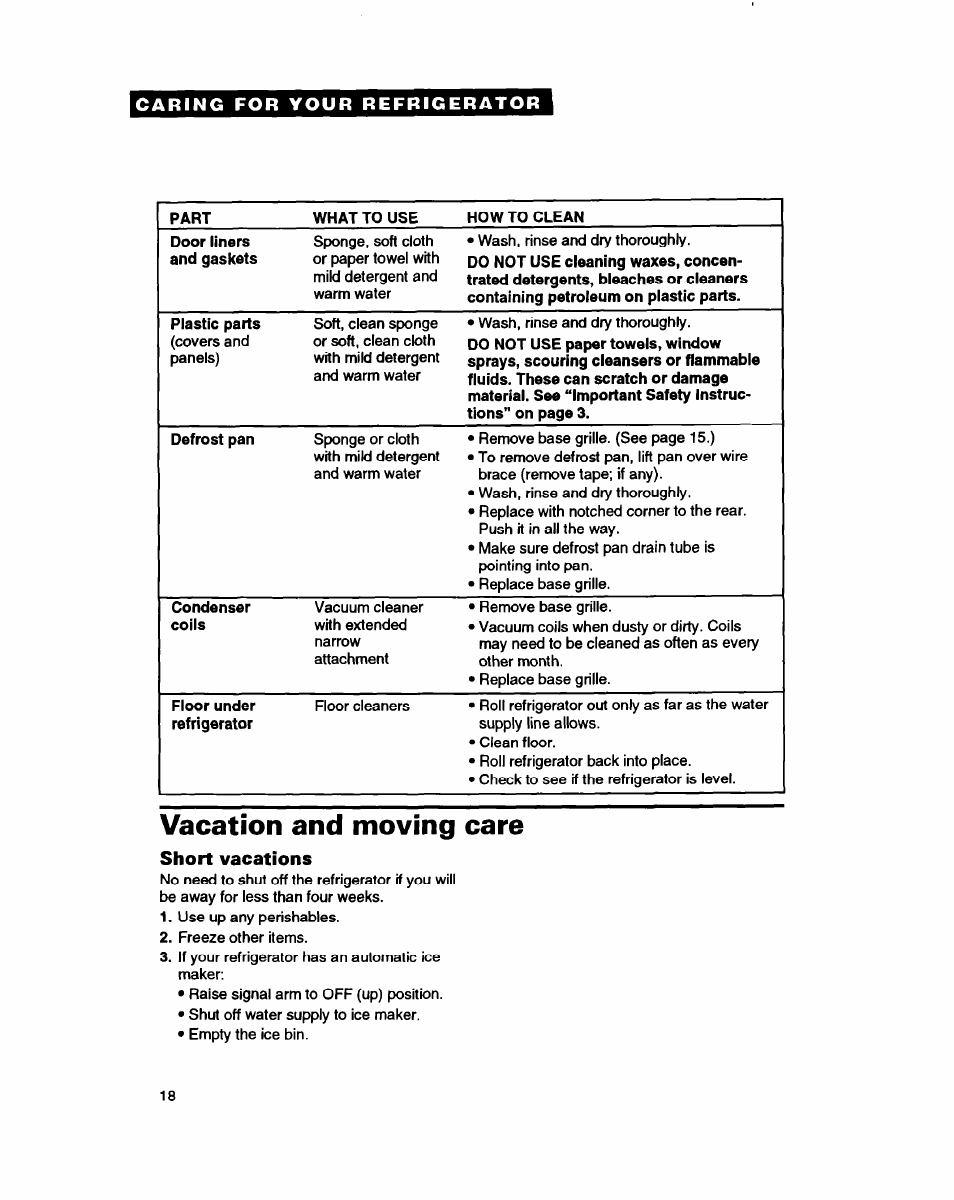 Vacation and moving care, Short vacations | Whirlpool RT18HD User Manual | Page 18 / 24