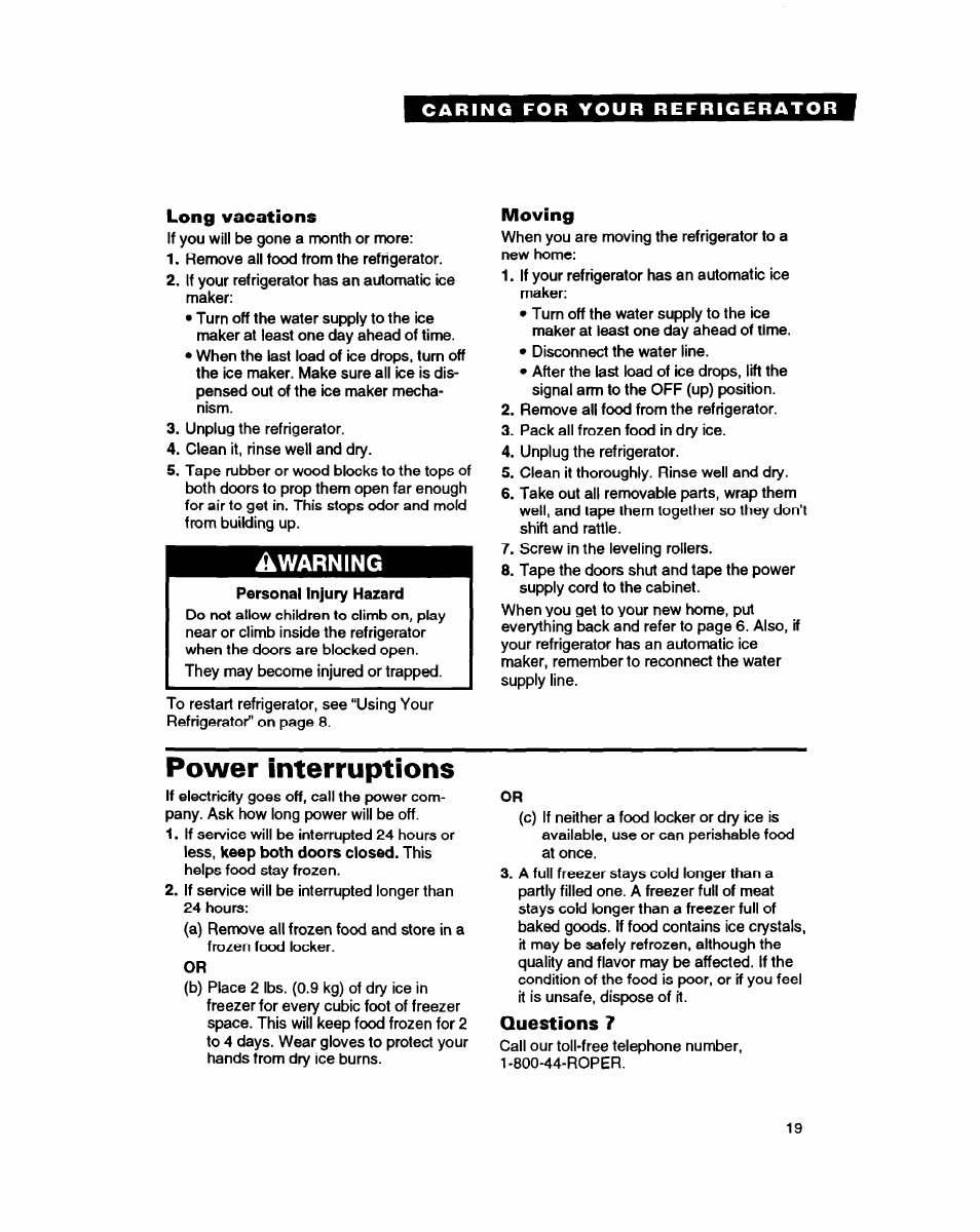 Long vacations, Moving, Questions 7 | Power interruptions | Whirlpool RT18HD User Manual | Page 19 / 24