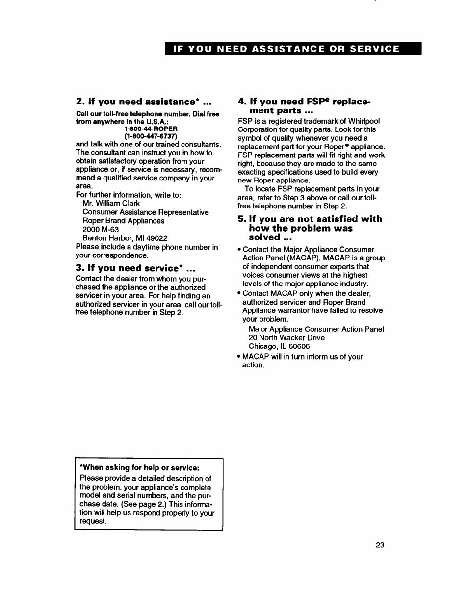 If you need assistance, If you need service, If you need fsp® replacement parts | Whirlpool RT18HD User Manual | Page 23 / 24