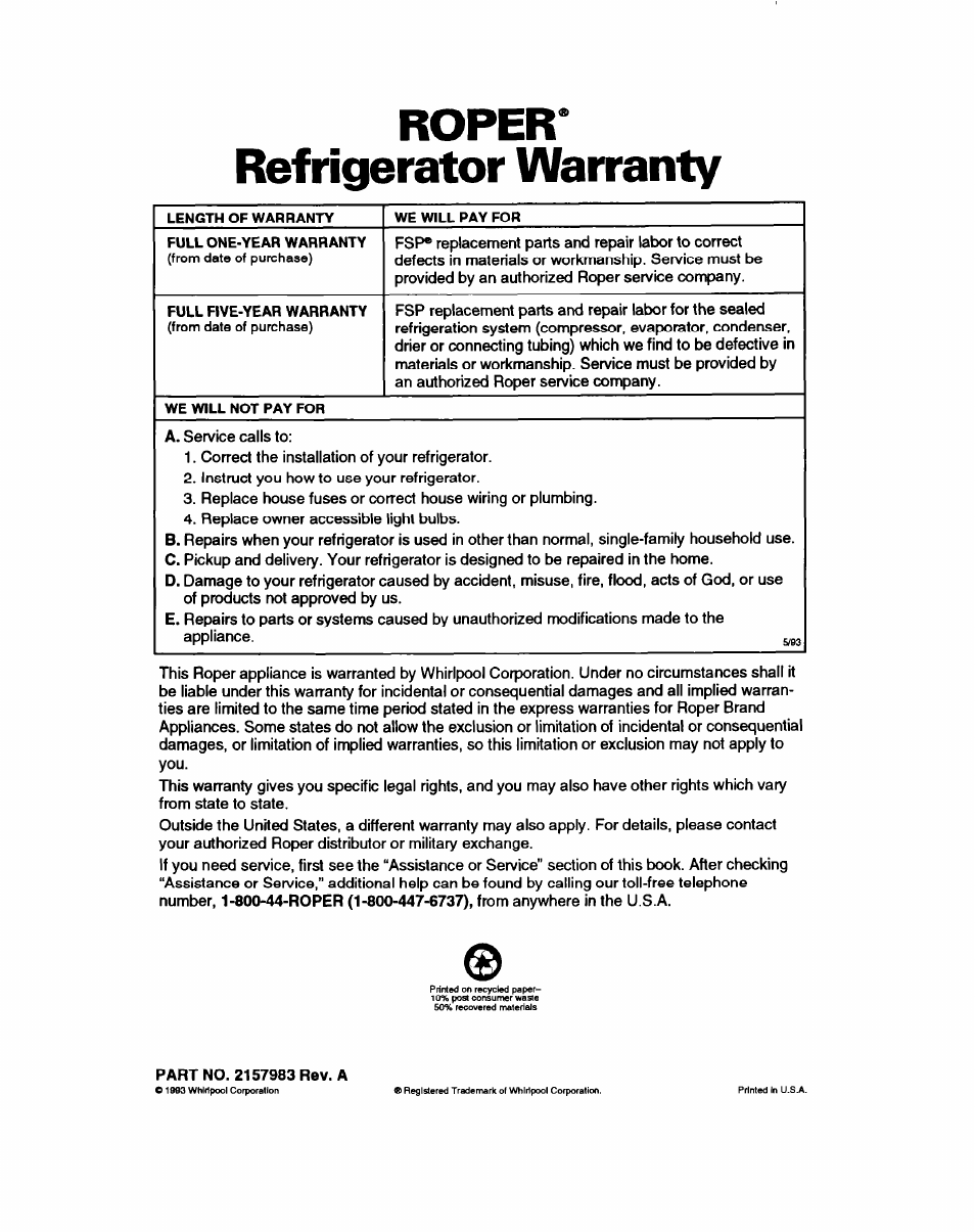 Roper, Refrigerator warranty, Roper* refrigerator warranty | Whirlpool RT18HD User Manual | Page 24 / 24