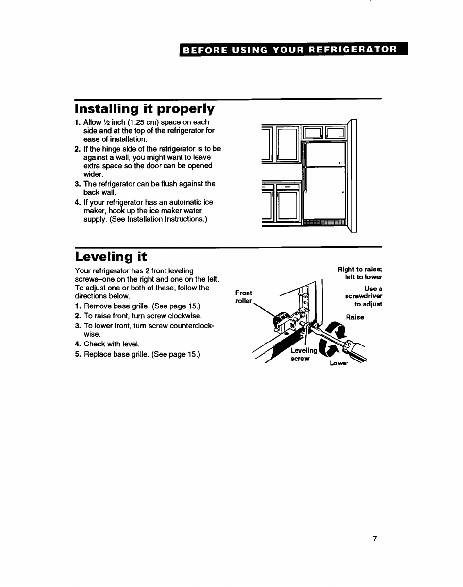 Installing it properly, Leveling it | Whirlpool RT18HD User Manual | Page 7 / 24