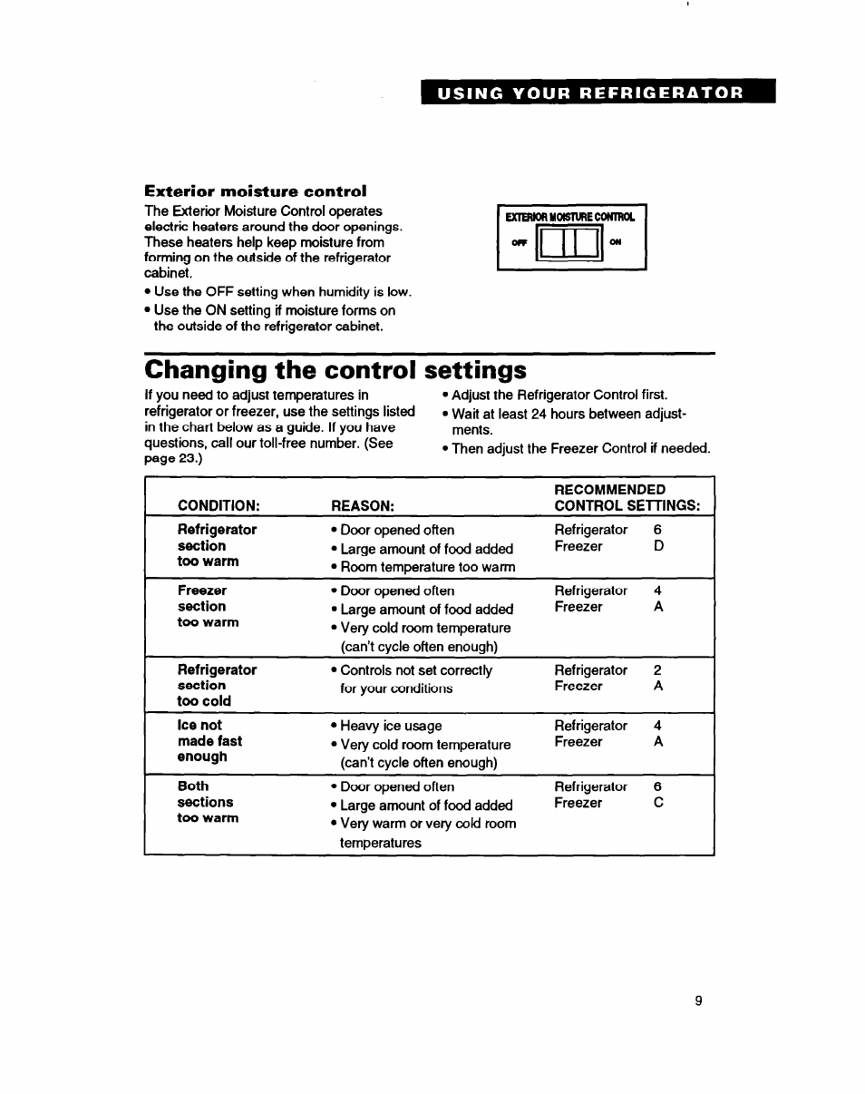 Exterior moisture control, Changing the control settings | Whirlpool RT18HD User Manual | Page 9 / 24