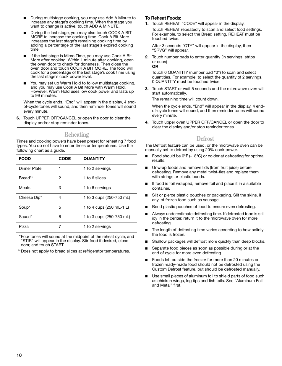 Reheating, Defrost | Whirlpool GMC275 User Manual | Page 10 / 16