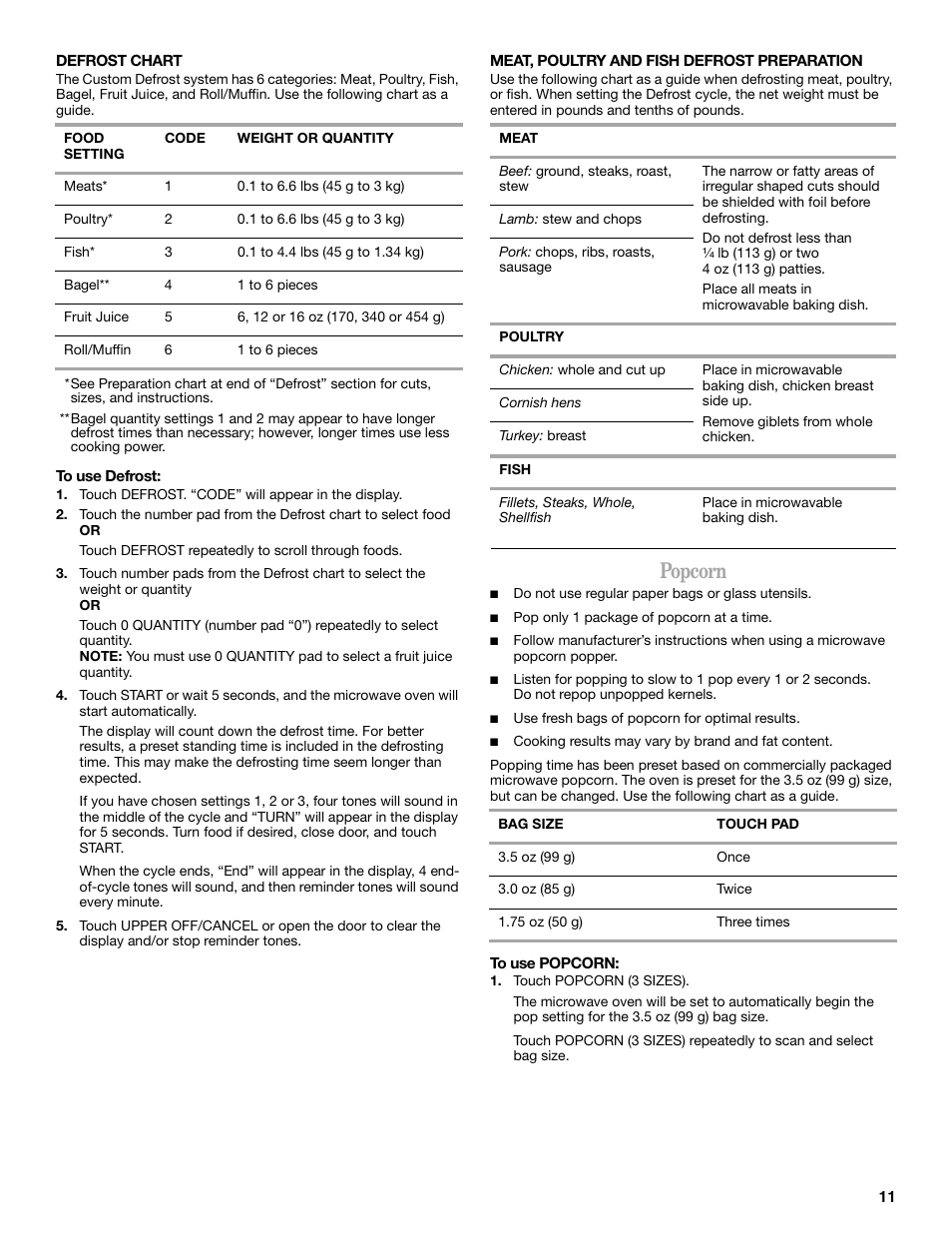Popcorn | Whirlpool GMC275 User Manual | Page 11 / 16