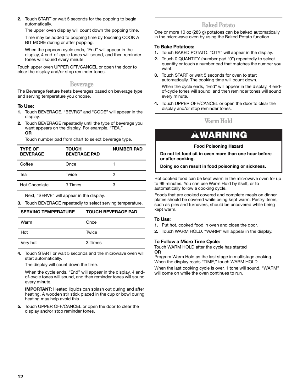 Warning, Beverage, Baked potato | Warm hold | Whirlpool GMC275 User Manual | Page 12 / 16