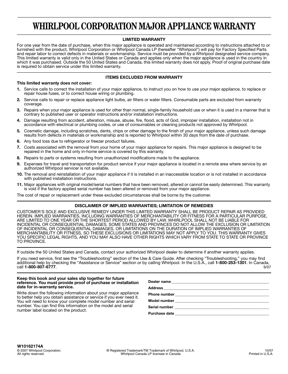 Whirlpool corporation major appliance warranty | Whirlpool GMC275 User Manual | Page 16 / 16