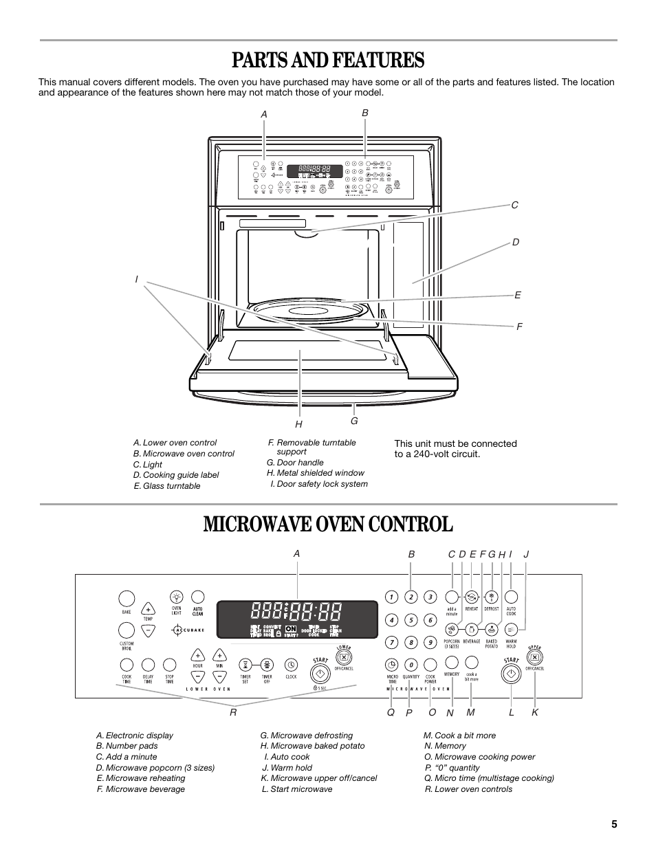 Parts and features, Microwave oven control | Whirlpool GMC275 User Manual | Page 5 / 16