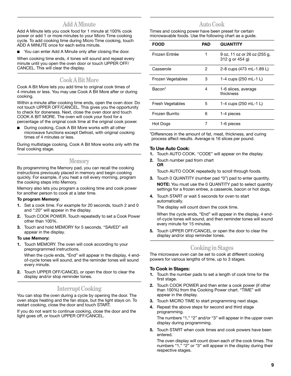 Add a minute, Cook a bit more, Interrupt cooking | Auto cook, Cooking in stages | Whirlpool GMC275 User Manual | Page 9 / 16