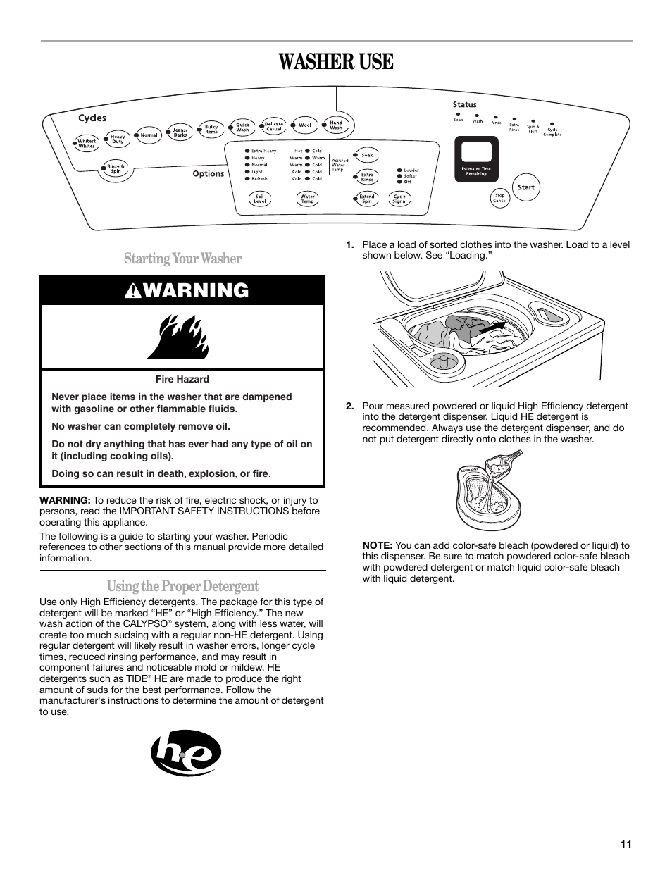 Washer use, Warning, Starting your washer | Using the proper detergent | Whirlpool GVW9959KL2 User Manual | Page 11 / 68