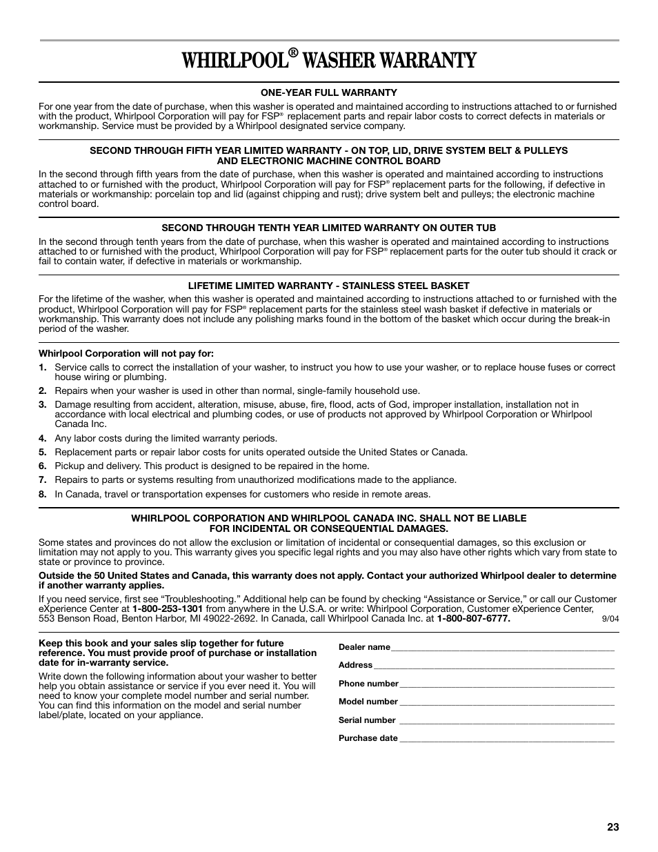 Whirlpool, Washer warranty | Whirlpool GVW9959KL2 User Manual | Page 23 / 68