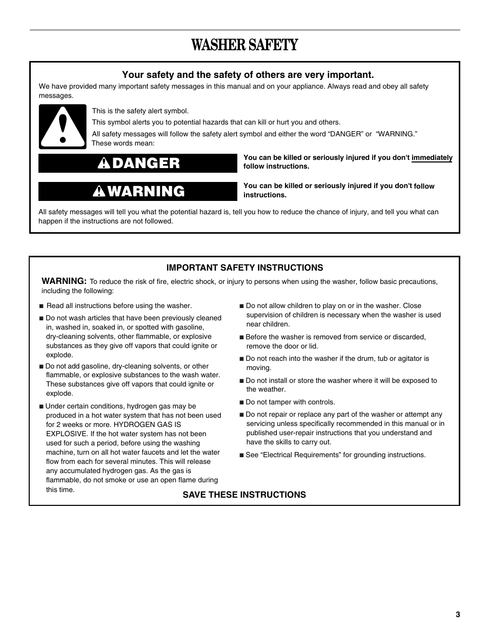 Washer safety, Danger warning | Whirlpool GVW9959KL2 User Manual | Page 3 / 68