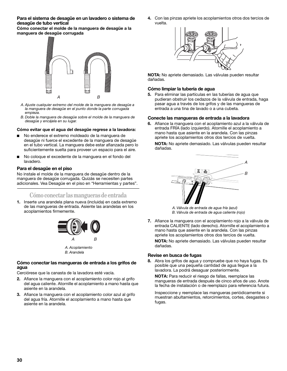 Cómo conectar las mangueras de entrada | Whirlpool GVW9959KL2 User Manual | Page 30 / 68