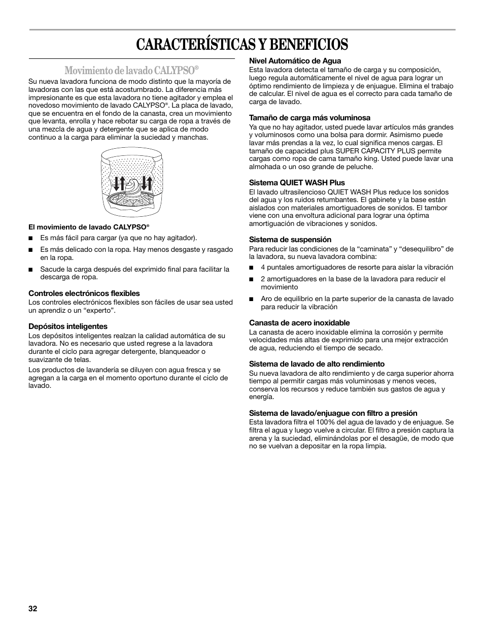 Características y beneficios, Movimiento de lavado calypso | Whirlpool GVW9959KL2 User Manual | Page 32 / 68