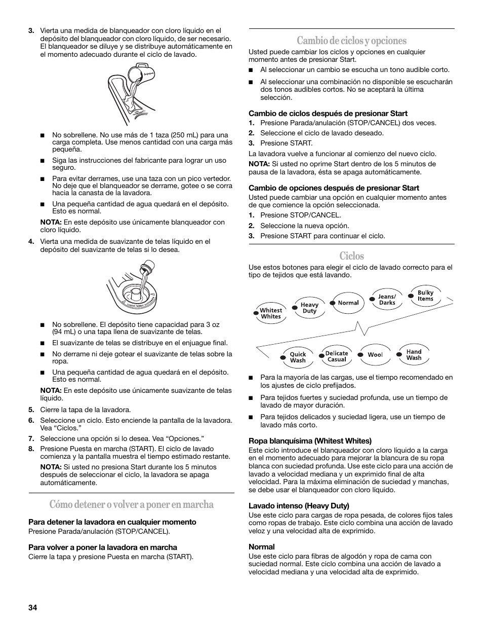 Cómo detener o volver a poner en marcha, Cambio de ciclos y opciones, Ciclos | Whirlpool GVW9959KL2 User Manual | Page 34 / 68