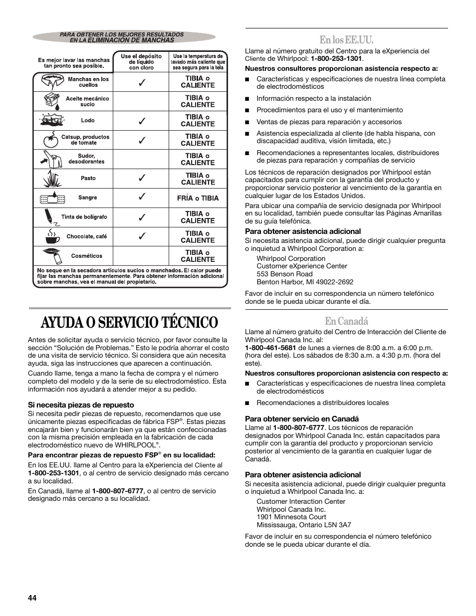 Ayuda o servicio técnico, En los ee.uu, En canadá | Whirlpool GVW9959KL2 User Manual | Page 44 / 68