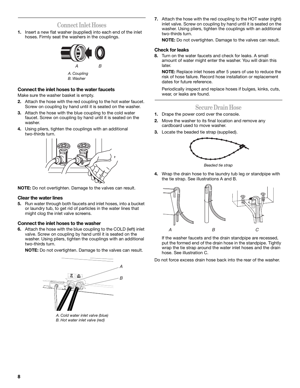 Connect inlet hoses, Secure drain hose | Whirlpool GVW9959KL2 User Manual | Page 8 / 68