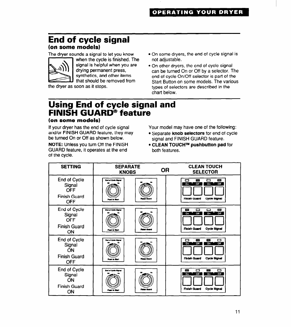 End of cycle signal, On some models), Setting | Separate, Knobs, Clean touch selector | Whirlpool 340 1094 User Manual | Page 11 / 56