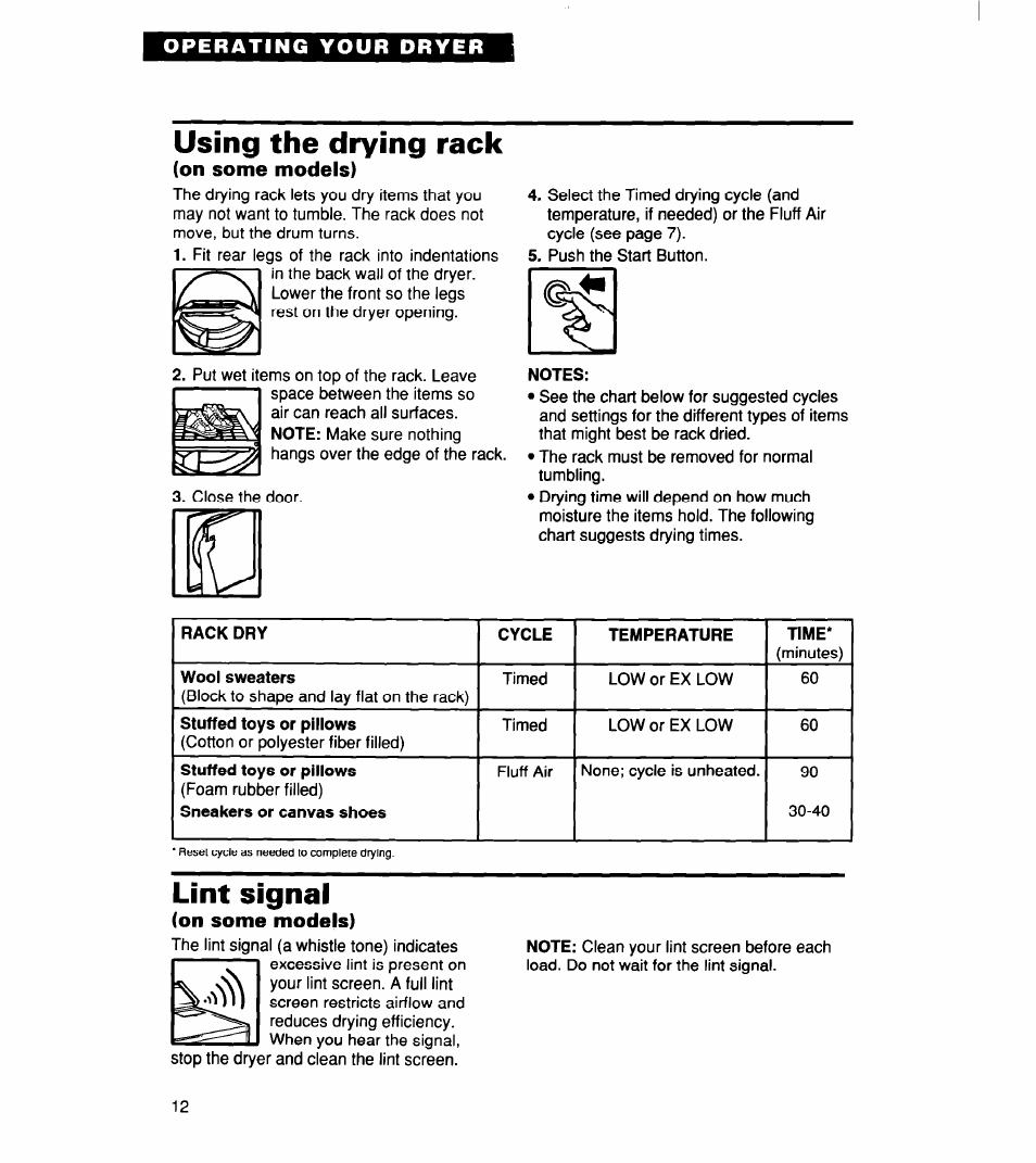 Using the drying rack, On some models), Notes | Lint signal | Whirlpool 340 1094 User Manual | Page 12 / 56