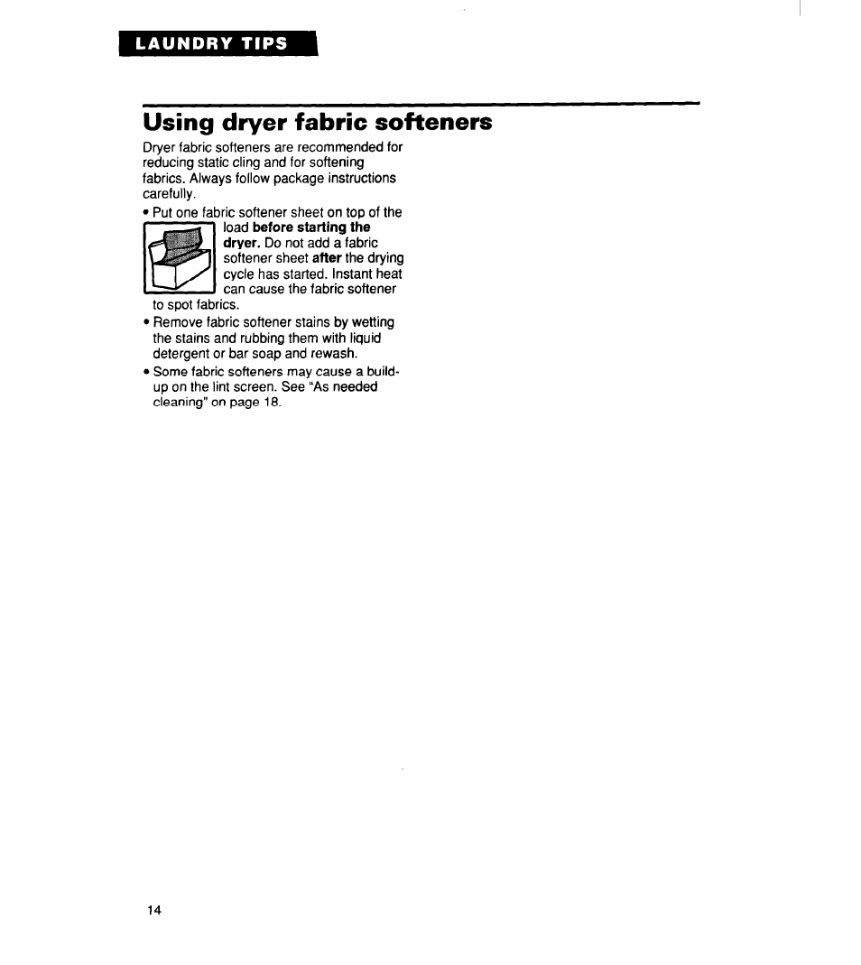 Using dryer fabric softeners | Whirlpool 340 1094 User Manual | Page 14 / 56