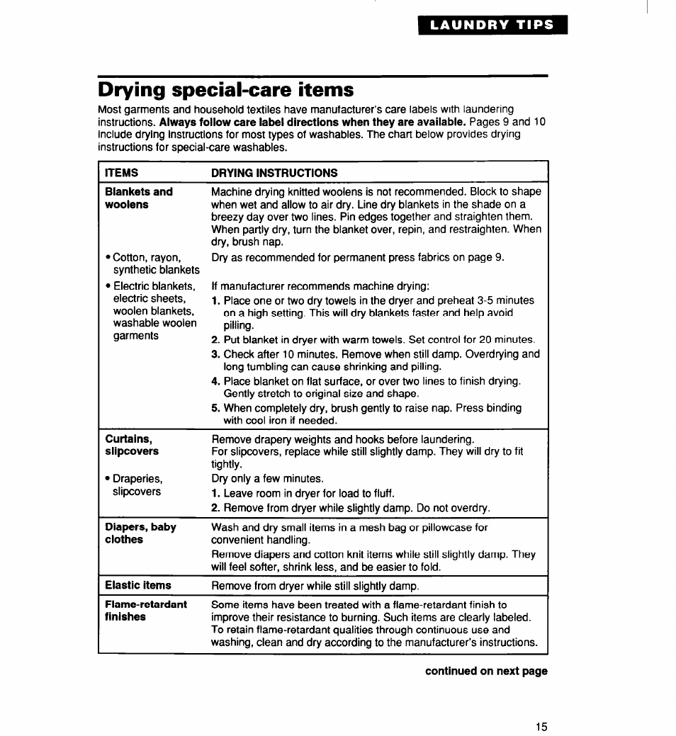 Drying special-care items | Whirlpool 340 1094 User Manual | Page 15 / 56