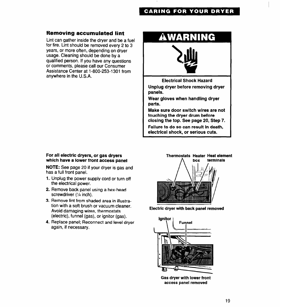 For all electric dryers, or gas dryers, Awarning | Whirlpool 340 1094 User Manual | Page 19 / 56