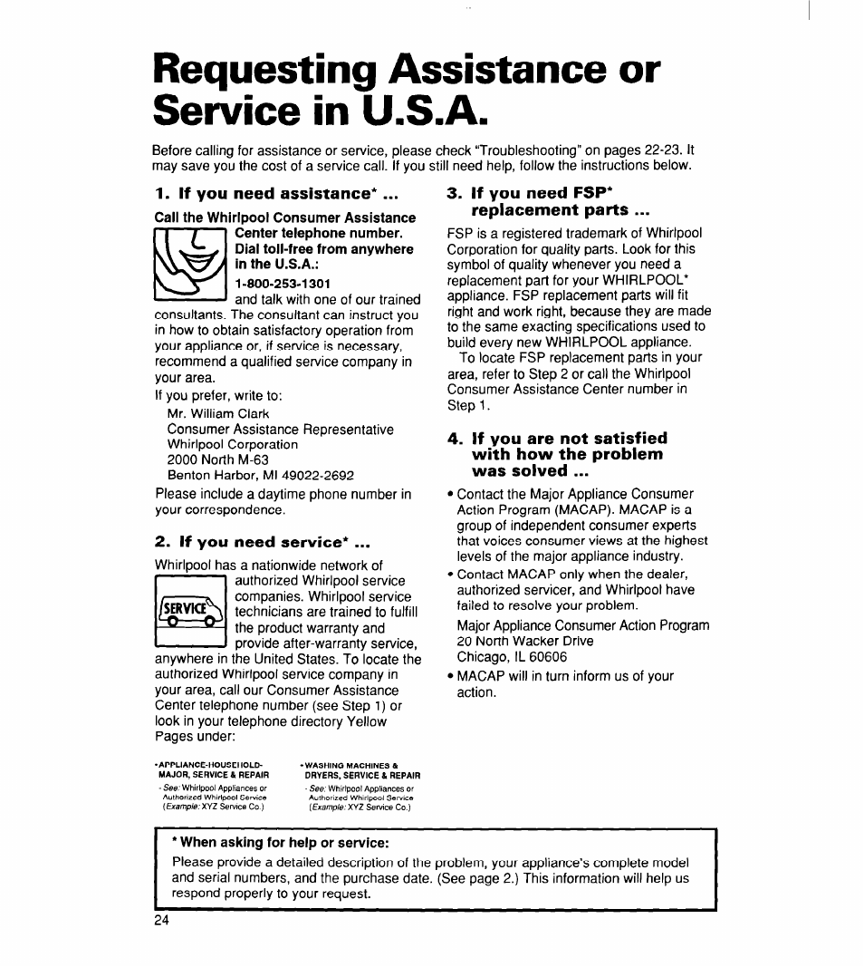 Requesting assistance or service in u.s.a, If you need assistance, If you need service | If you need fsp* replacement parts, When asking for help or service | Whirlpool 340 1094 User Manual | Page 24 / 56