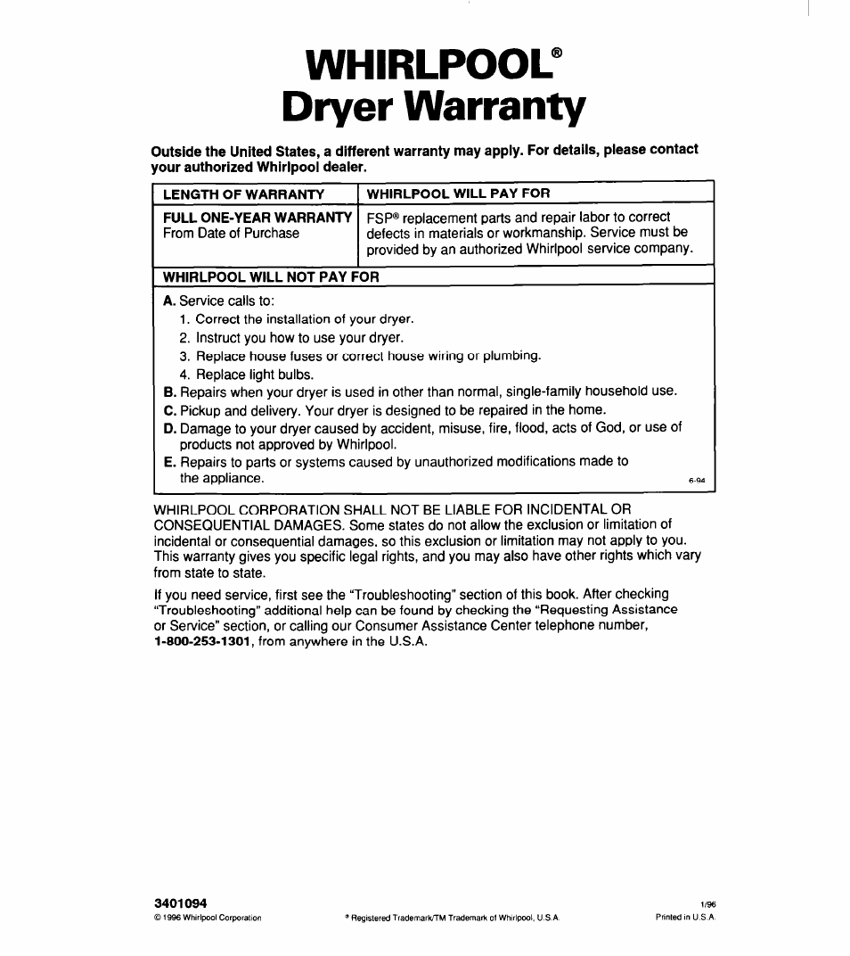 Whirlpool, Dryer warranty, Length of warranty | Whirlpool will pay for, Full one-year warranty, Whirlpool will not pay for, Whirlpool' dryer warranty | Whirlpool 340 1094 User Manual | Page 25 / 56