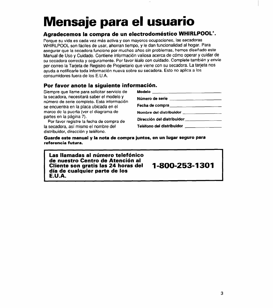 Mensaje para el usuario | Whirlpool 340 1094 User Manual | Page 28 / 56