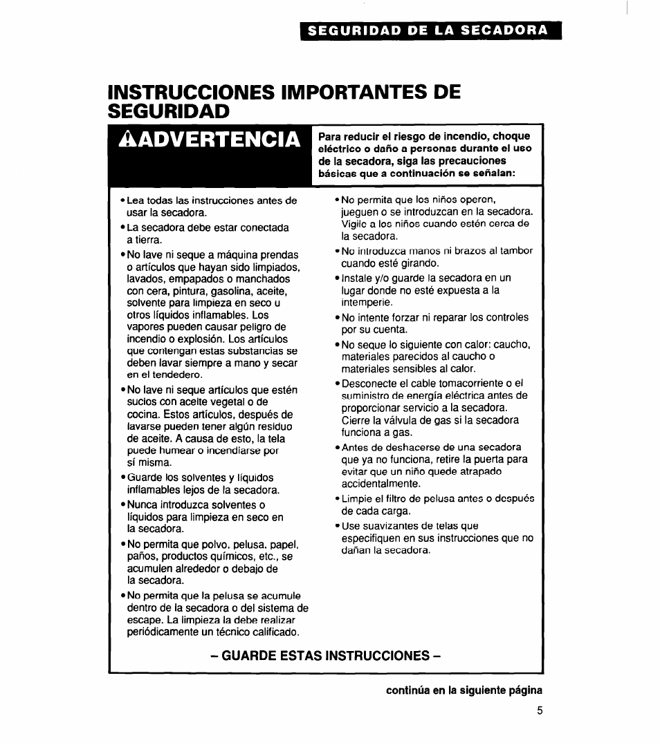 Instrucciones importantes de seguridad, Guarde estas instrucciones, Aadvertencia | Whirlpool 340 1094 User Manual | Page 30 / 56